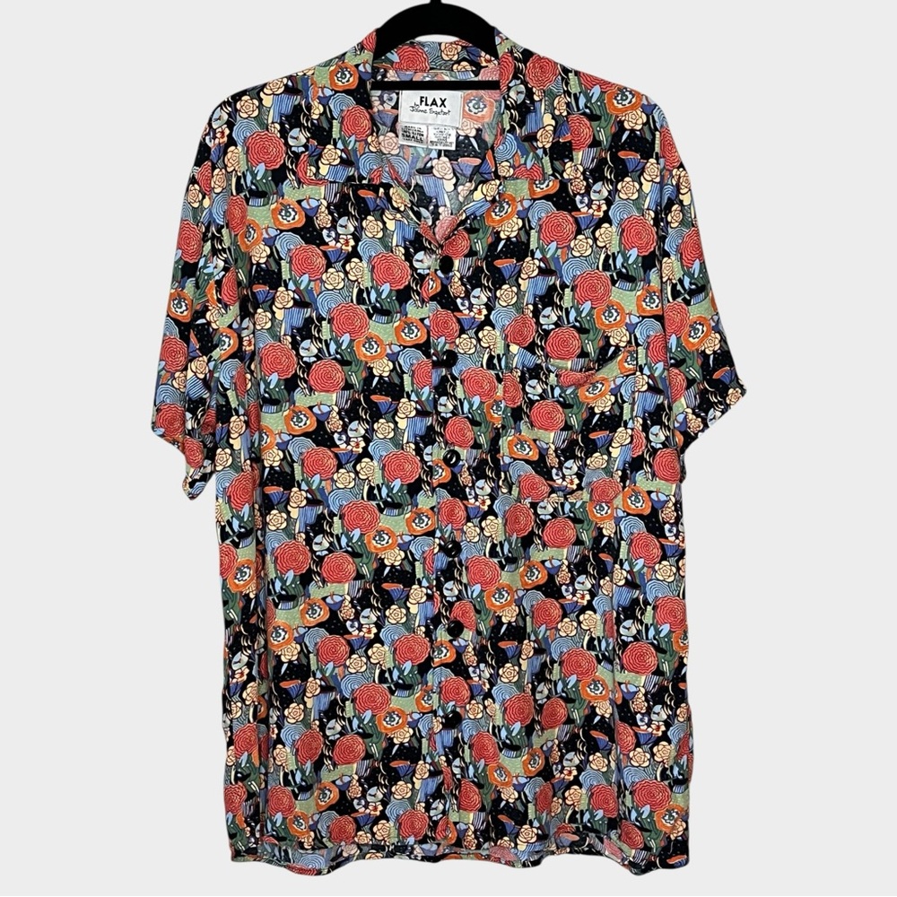 FLAX Black Short-Sleeve Button-Down Shirt Multicolor Floral Print Rayon Sz Small - Picture 2 of 7
